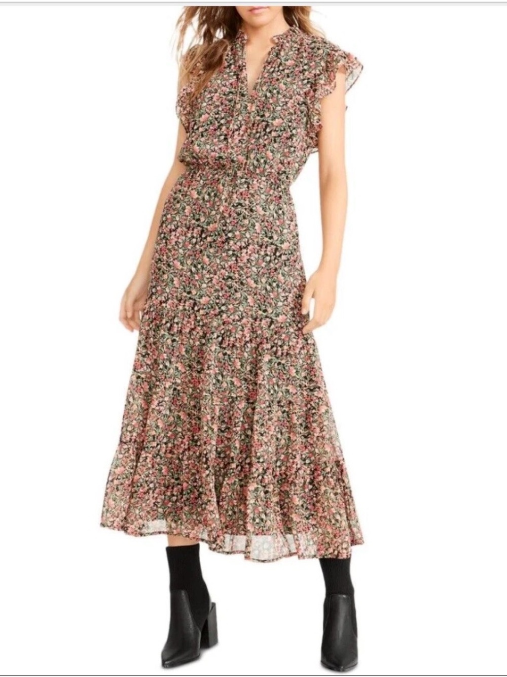 BB Dakota Dress Medium Multicolor Floral Tier Ruffle Chiffon Cottagecore Prairie